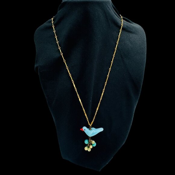 Vintage Lenora Dame Art Glass Blue Bird Sitting on Eggs Pendant Necklace Gold To - Picture 3 of 16